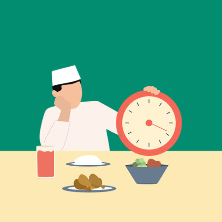 Simple Vector illustration drawing of a Man sitting and holding a big round clock in front of chicken, rise, vegetable, also cold drink while waiting for break fasting.Modern design illustrationのイラスト素材