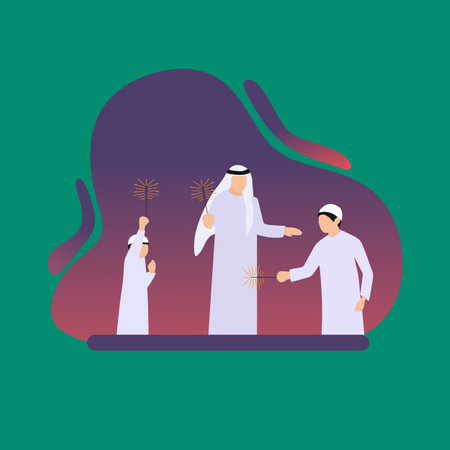 Simple Vector illustration drawing of An Arabic family enjoying the sparkle of the festivity during the festival celebration. playing fireworks with family concept. Modern design vector illustrationのイラスト素材