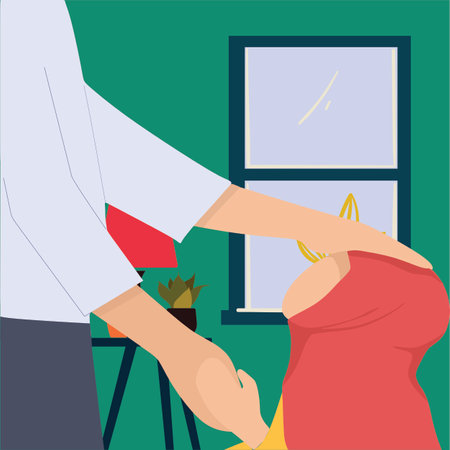 Simple Vector illustration drawing of 5 years old Muslim Asian girl in traditional clothing greeting to elders, her father by touching his hand and smiling. family bonding and support concept.のイラスト素材