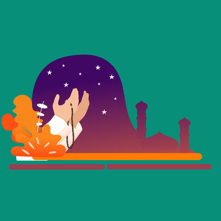 Simple Vector illustration drawing of a Muslim is praying to Allah SWT by raising his hand and holding a tasbih. Modern design vector illustrationのイラスト素材