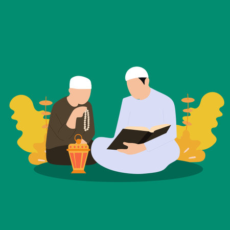 Simple Vector illustration drawing of two Muslim people reading and studying Islam holy al Quran book together during Ramadan period. Al Quran book with written Arabic calligraphy meaning of Al Quran.のイラスト素材