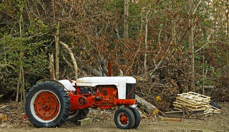 A high contrast shot of an old large orange and antique white Farm Tractor in the woods.の写真素材