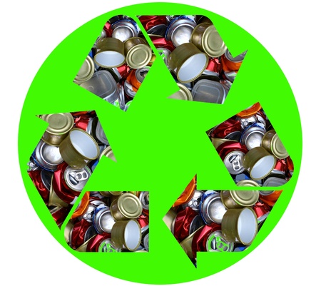 The international recycle symbol made with crushed aluminum cans isolated on whiteの写真素材