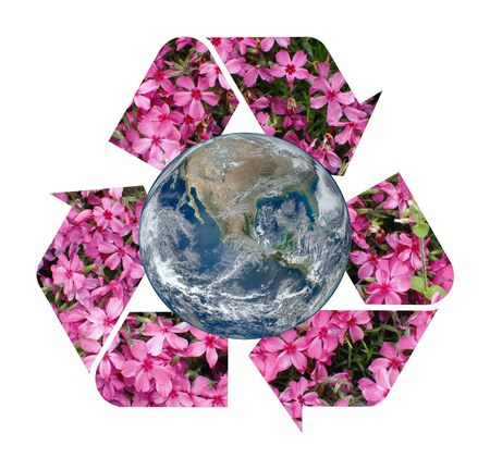 A pink floral Recycle Symbol surrounding the Earthの写真素材