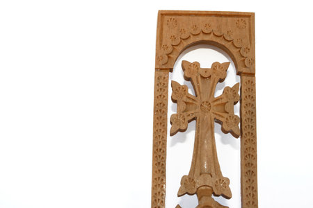 Armenian wooden cross isolated on the white.の写真素材