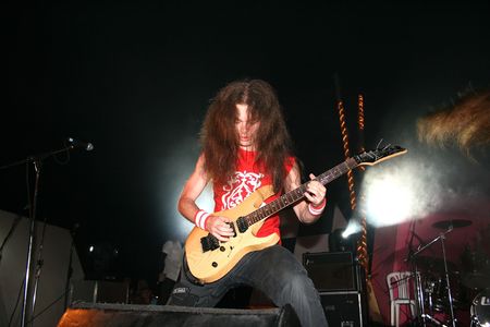 LIMASSOL,CYPRUS-JUNE 7:Guitarist Roman Valeryev of Russian heavy metal band Kolizey plays in Cypriot-Russian festival June 8, 2008 in Limassol,Cyprus.のeditorial素材