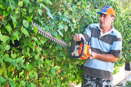 Gardener by work with saw.