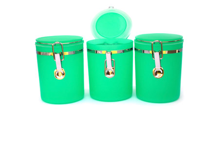 Three kitchen pots isolated on white background.の写真素材