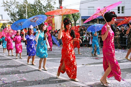 LIMASSOL, CYPRUS - MARCH 6: Unidentified participants  in Chinese costumes in Cyprus carnival parade on March 6, 2011 in Limassol, Cyprus. Cyprus carnival has been celebrating since 16th century, influenced by Venetian and Greek traditions.The festival isのeditorial素材