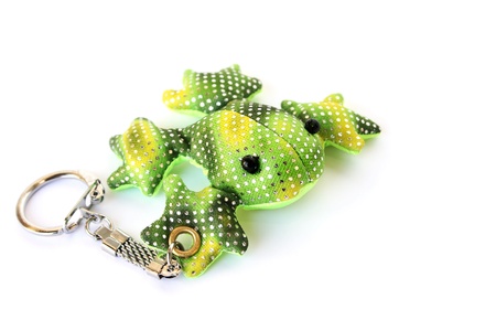 Green frog key holder isolated on white background.の写真素材