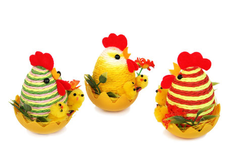 Easter setting with hens, chickens and eggs.