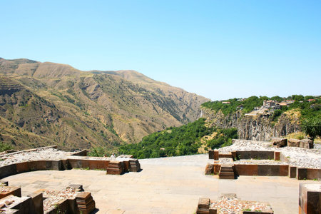 View from Garni temple in  Armenia. Garni architectural complex established in 3rd century BC. The...