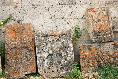 Cross-stones or khachkars at the 9th century Armenian monastery of Tatev. Khachkars are carved...