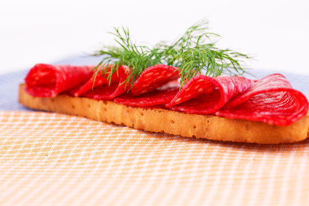 Sandwich with salami and dill isolated on kitchen towels.の写真素材