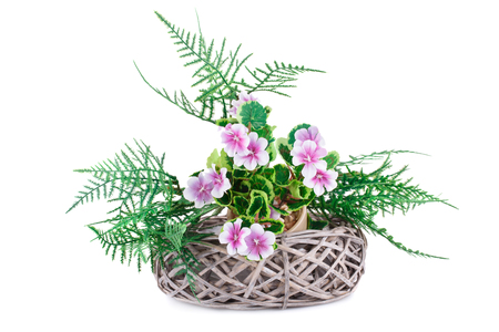 Pink fabric flowers in wicker basket isolated on white background.の写真素材