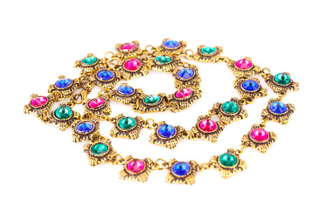 Stylish necklace with colorful stones isolated on white background.の写真素材