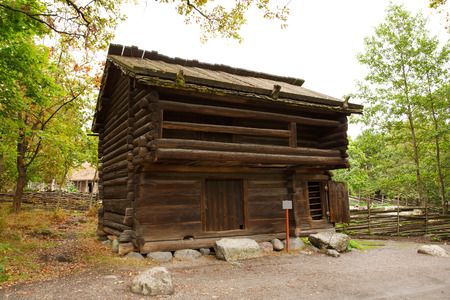 Traditional old wooden house at Skansen, the first open-air museum and zoo, located on the island Djurgarden.の写真素材
