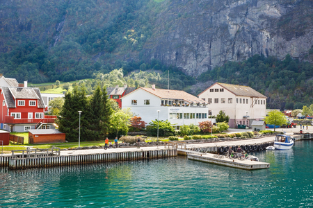 Aurlandsvangen, Norway-August 16, 2014 -  Tourists and local people at Aurlandsvangen village port.のeditorial素材