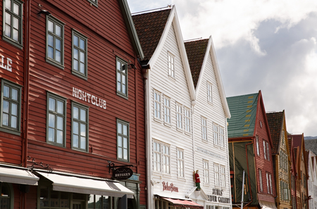 Bergen, Norway-August 17, 2014 - Old hanseatic buildings in Bryggen in the historical part of  Norwegian city,  UNESCO World Heritage Site.の写真素材
