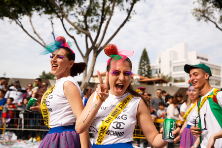Limassol, Cyprus - March 13, 2016 - Unidentified participants during the carnival parade, established in 16th century, influenced by Venetian and Greek traditions.のeditorial素材
