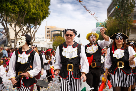 Limassol, Cyprus - March 13, 2016 - Unidentified participants during the carnival parade, established in 16th century, influenced by Venetian and Greek traditions.のeditorial素材