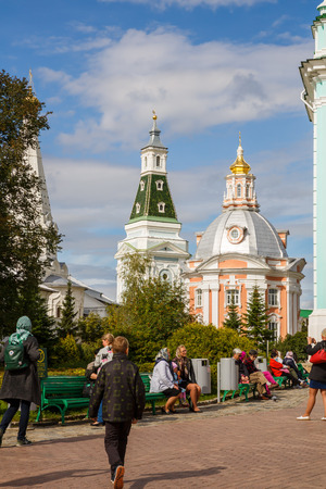 Sergiev Posad, Russia - September 10, 2016 - The Assumption Cathedral in The Holy Trinity Lavra of St. Sergius with unidentified people.のeditorial素材