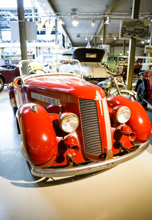 Brussels, Belgium - August 25, 2015 - Autoworld Museum, old cars collection showing the history of automobiles from the beginnings.のeditorial素材