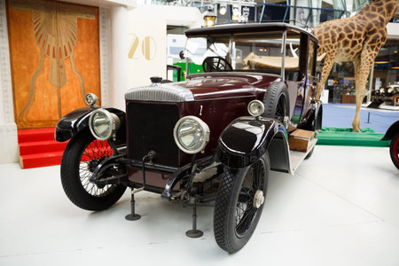 Brussels, Belgium - August 25, 2015 - Autoworld Museum, old cars collection showing the history of...