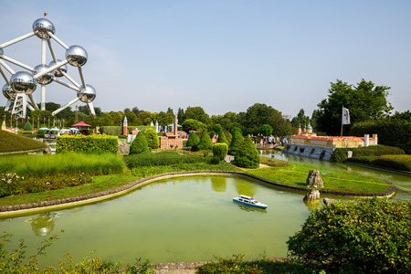 Brussels, Belgium-August 13, 2015-Atomium and miniature park Mini-Europe.のeditorial素材