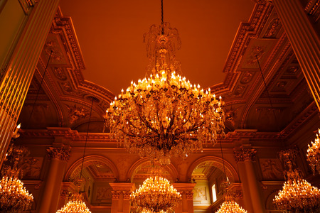 Brussels, Belgium-August 13, 2015-The interior of the Royal Palace, golden chandeliers hanging from the ceiling.のeditorial素材