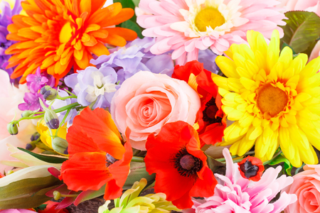 Colorful fabric flowers closeup picture.の写真素材