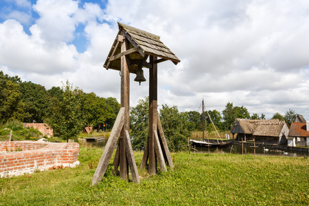 The medieval houses and boats in The Middle Ages Center, the experimental living history museum in Sundby Lolland, Denmark.のeditorial素材