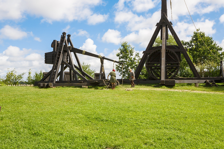 Sundby Lolland, Denmark - August 21, 2017 - The medieval trebuchet in The Middle Ages Center, the experimental living history museum.のeditorial素材
