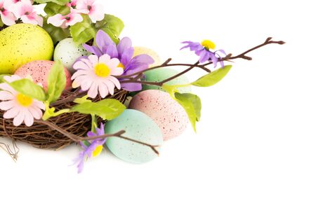 Easter colorful eggs in nest and flowers on white background.の写真素材