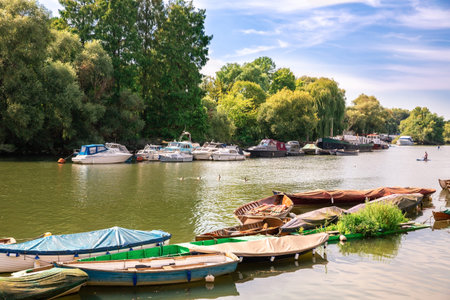 Thames riverfront with many boats in Richmond, London, UK.