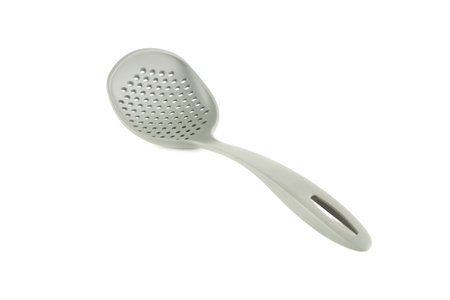 Gray plastic kitchen utensil skimmer isolated on white background.
