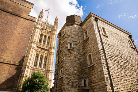 Unusual view of Palace of Westminster (Houses of Parliament) from Jewel Tower in London, United Kingdom.のeditorial素材