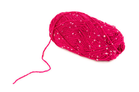 Pink knitting yarn with silver sequins isolated on white background.