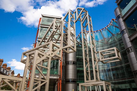 London, UK - August 8, 2019 - Big 4 sculpture at the headquarters for the British television...