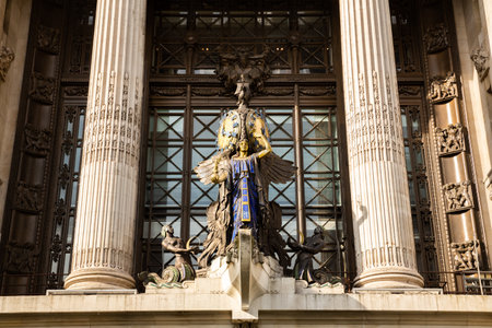 London, United Kingdom - September 23, 2021 - The Queen of Time sculpture by Gilbert Bayes above entrance to very famous Selfridges department store.のeditorial素材