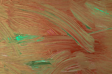 Colorful painting texture as a background. Green, red and brown abstract horizontal mage. Acrylic...