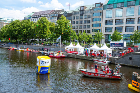 Hamburg, Germany - July 14, 2024 - Open Races of the World Triathlon Hamburg, The World's Biggest Triathlon. The medical team with doctors, medical boats.のeditorial素材