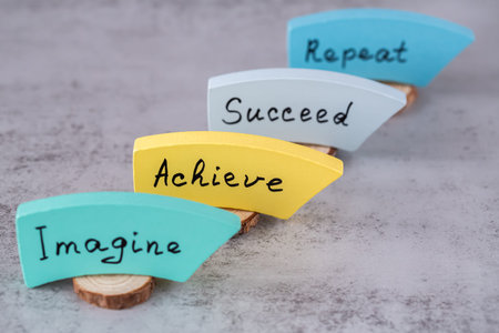 Hand written message on the colorful wooden boards on the gray background. Imagine, Achieve,...