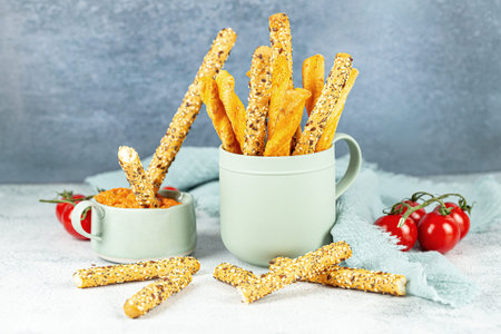 Bread sticks with seeds in the ceramic mug, tomatoes with cheese sauce. Homemade bread sticks in the...