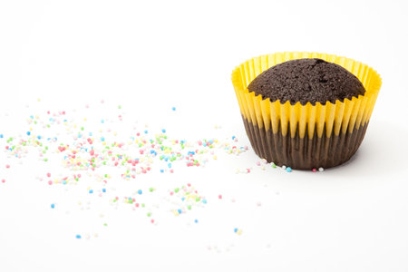 Chocolate muffin. White background. Studio shot