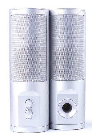 Power and volume buttons on audio speakers. Studio shot. White backgroundの写真素材