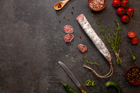 sausage fuet smoked dried dried salami meat on the table breakfast breakfast outdoor top view food background rustic imageの写真素材