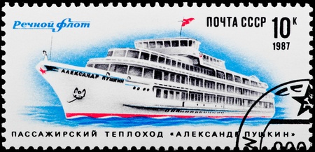 Postal stamp. Passenger steam-ship "Alexander Pushkin", 1987の写真素材