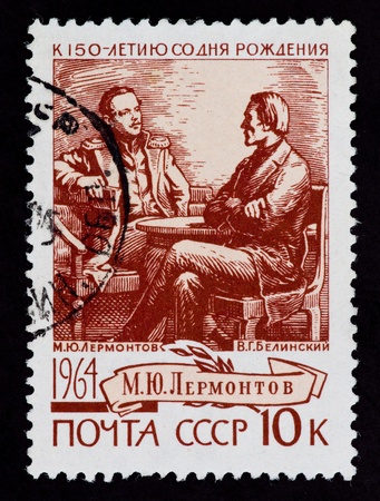 USSR - CIRCA 1964: The postal stamp printed in the USSR which shows M. Yu. Lermontov and V. G. Belinskii, CIRCA 1964.の写真素材