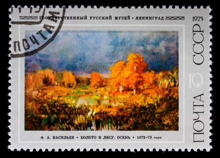 USSR - CIRCA 1975  The postal stamp printed in USSR is shown by the F A Vasilev the Marsh in a forest  Autumn, CIRCA 1975 のeditorial素材
